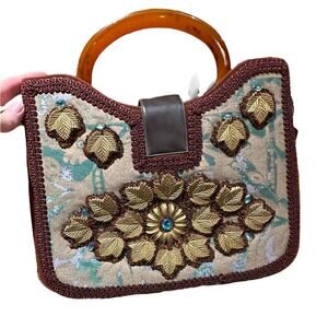 Vintage Caron Handbag in Russet with Tortoise Handles and Gold Decorative Detail